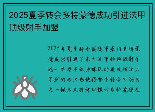 2025夏季转会多特蒙德成功引进法甲顶级射手加盟